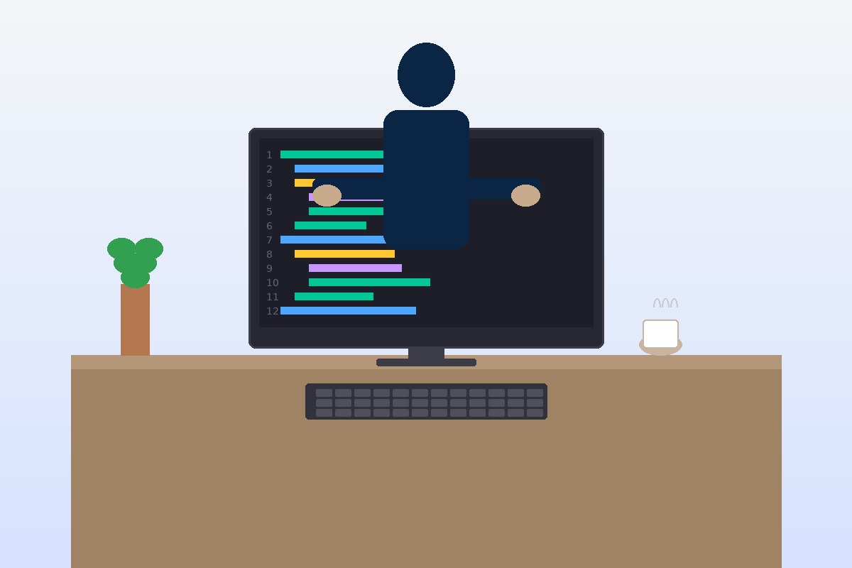 Henkilö koodaamassa tietokoneella modernissa toimistoympäristössä